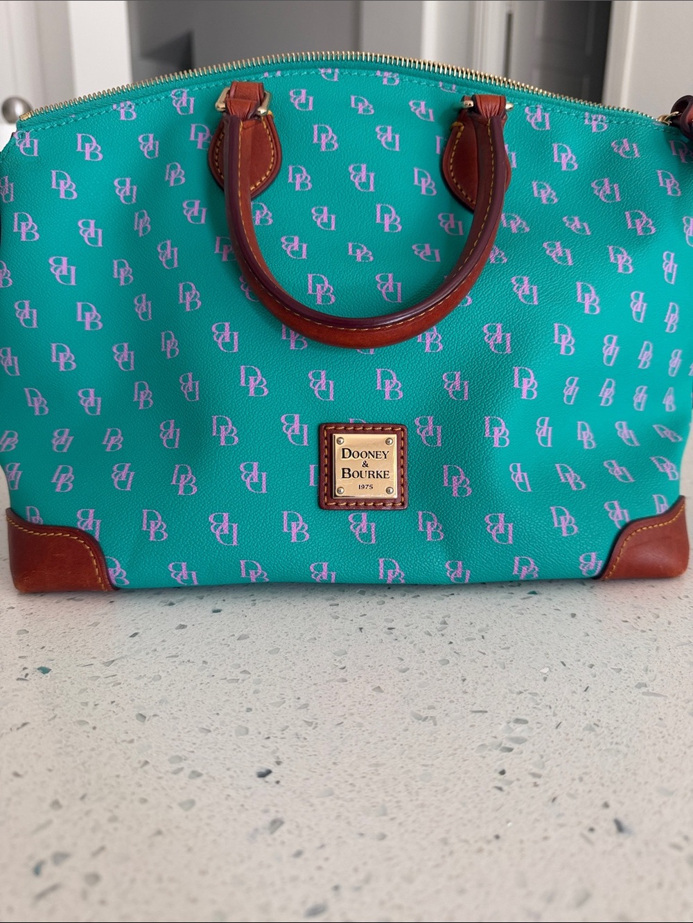 Dooney & Bourke Turquoise Logo Satchel with Brown Leather Trim
